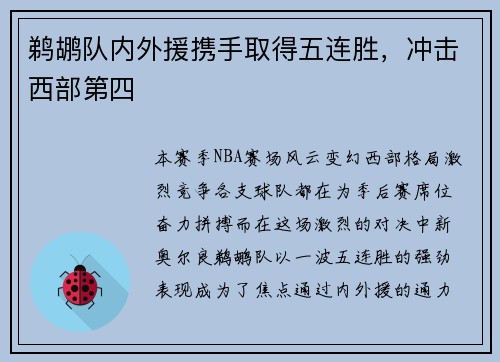 鹈鹕队内外援携手取得五连胜，冲击西部第四